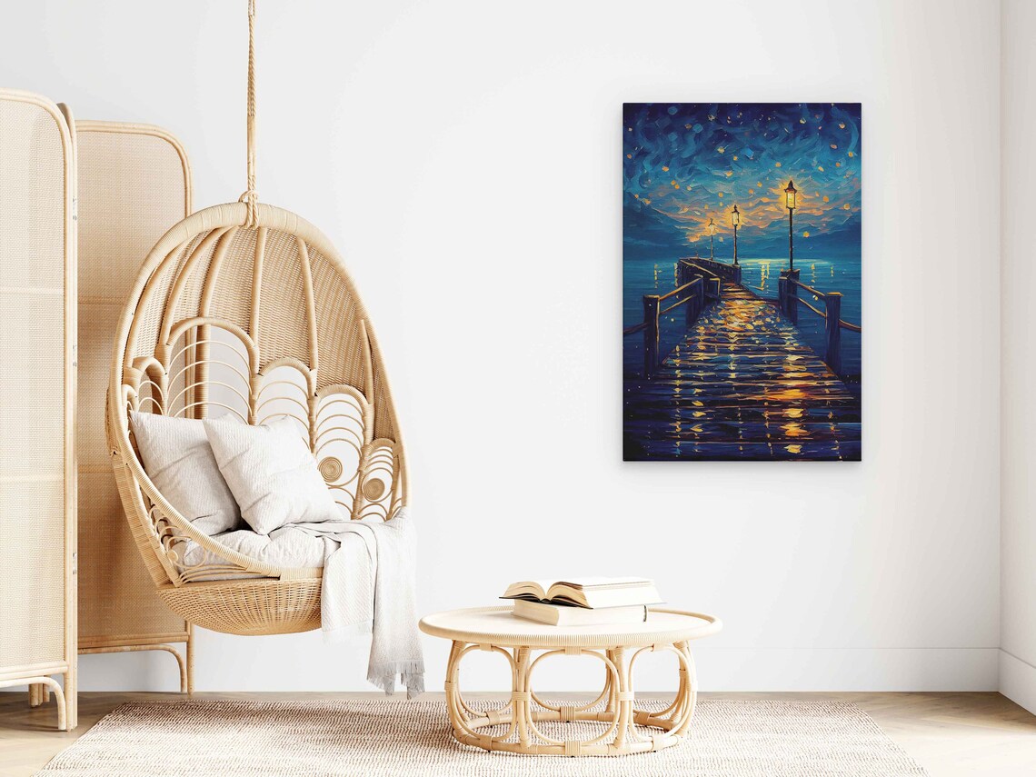 Starry Night Beach Pier Glowing Lantern Lights Over Ocean Waves Art Poster - Image 3