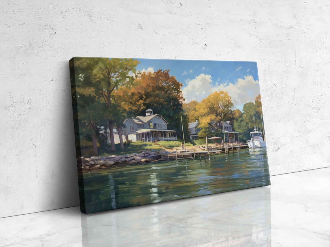 Pentwater Michigan Lake Dock Boats And Cottages Autumn Painting Poster - Image 4