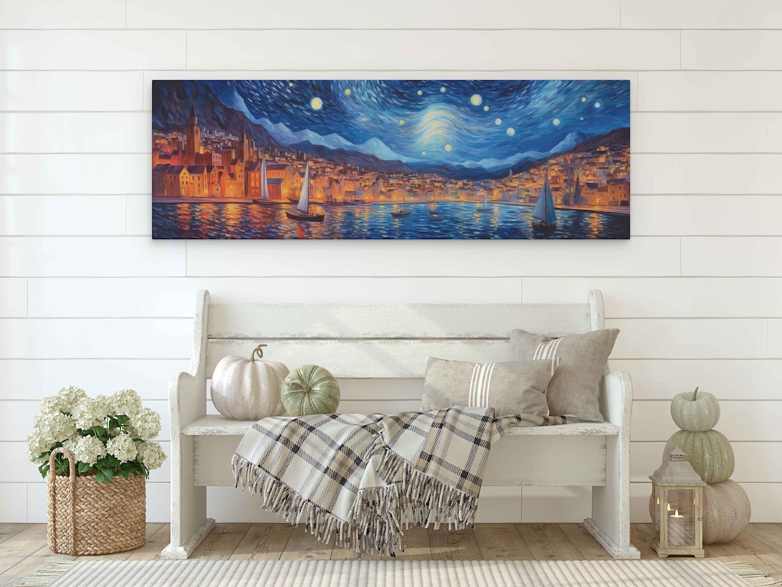 Van Gogh-Inspired Starry Night Coastal Town Art Print - Image 2
