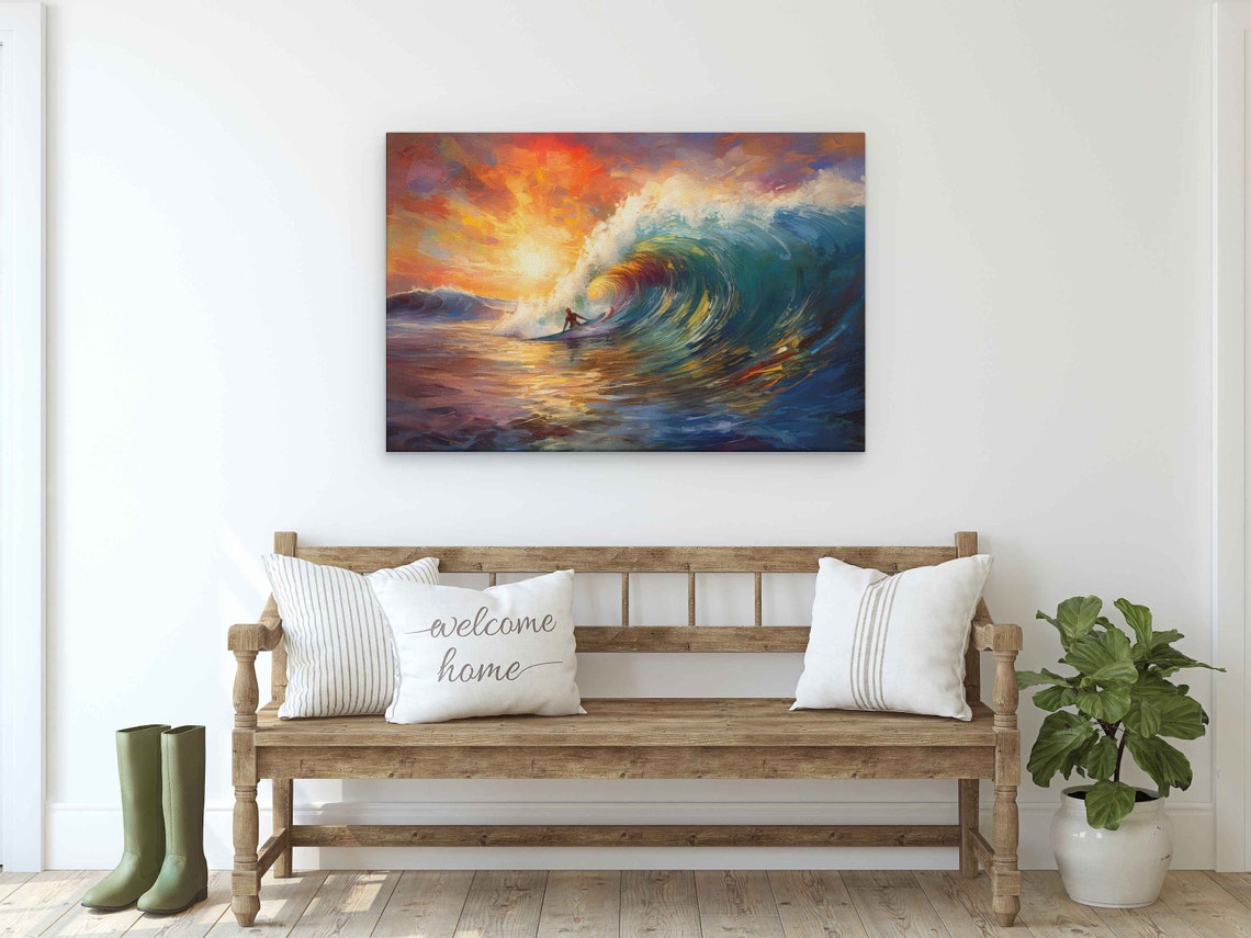 Surfing A Big Wave Oil Painting Reproduction Print On Ready To Hang Beach Wall Art - Image 2