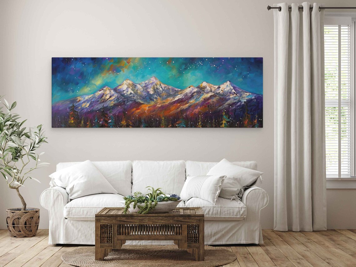 Starry Night Mountain Range Panoramic Teal Aurora Sky Snow Peaks Forest Art Poster - Image 3