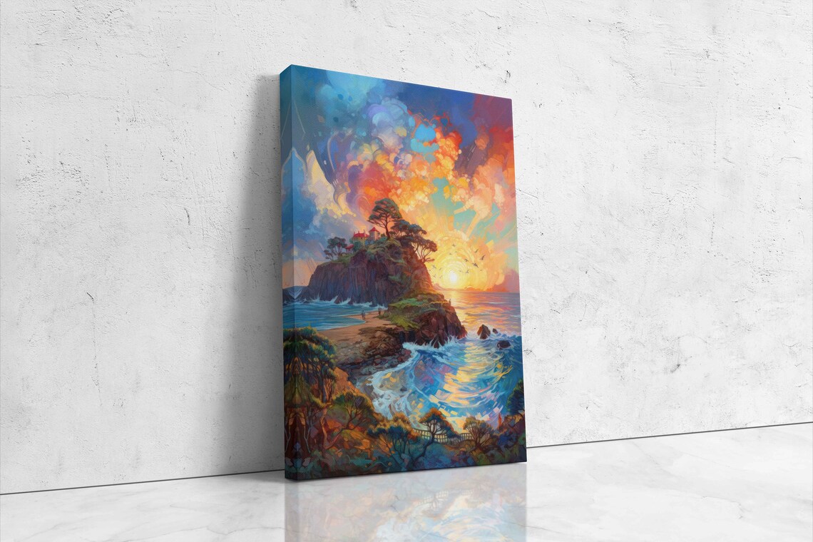 Dramatic Coastal Headland Sunset Oil Painting Waves Rocks Cliffs Travel Poster - Image 4