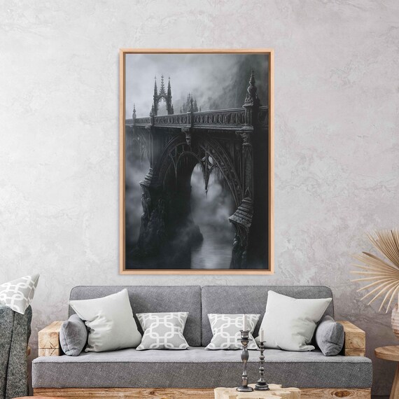 Gothic Stone Bridge Over Misty River In Fog Spooky Medieval Wall Art Poster