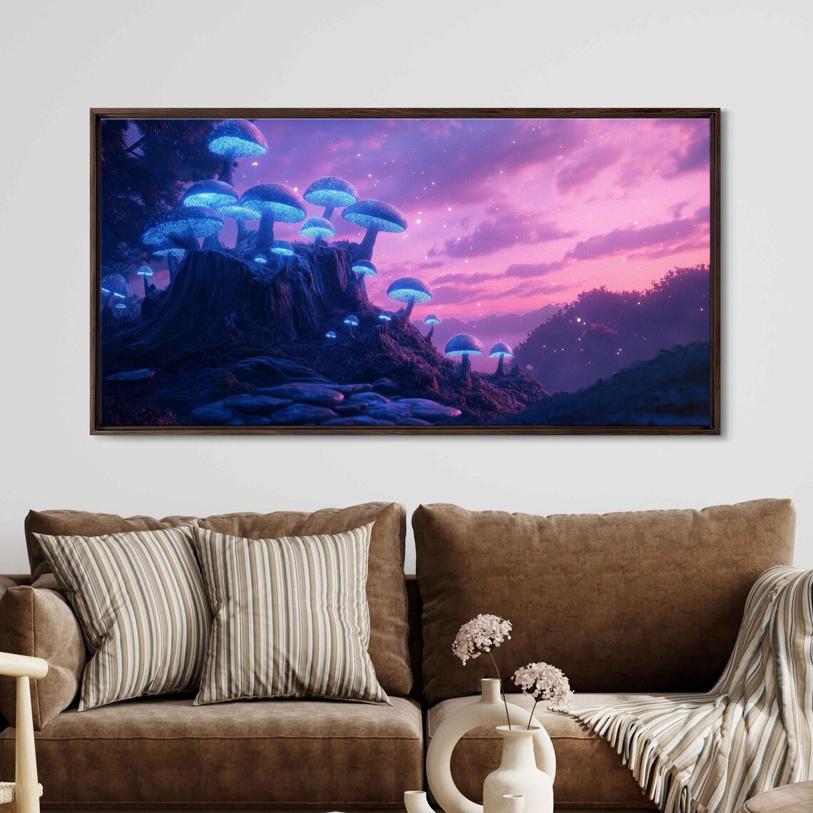 Glowing Blue Mushroom Village On Tree Stump Purple Night Sky Art Print