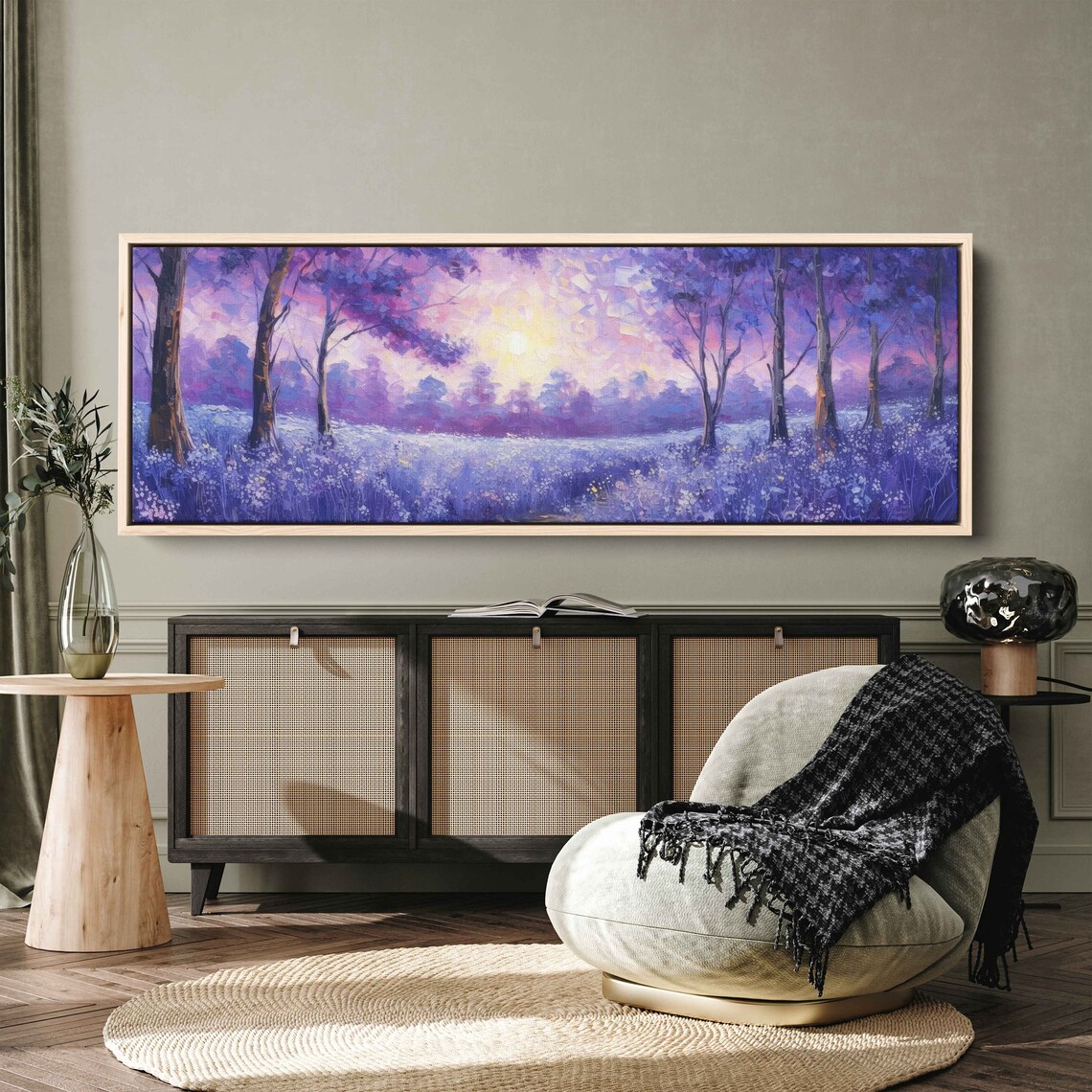 Purple Wildflower Meadow Sunrise Through Trees Impasto Painting Art Poster - Image 3