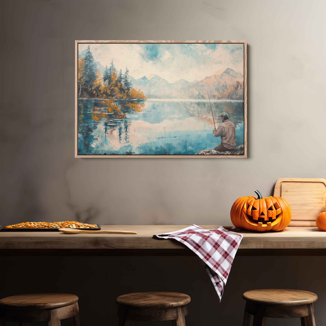 Lone Fisherman on Autumn Lake Shore Mountain Reflections Art Poster - Image 3