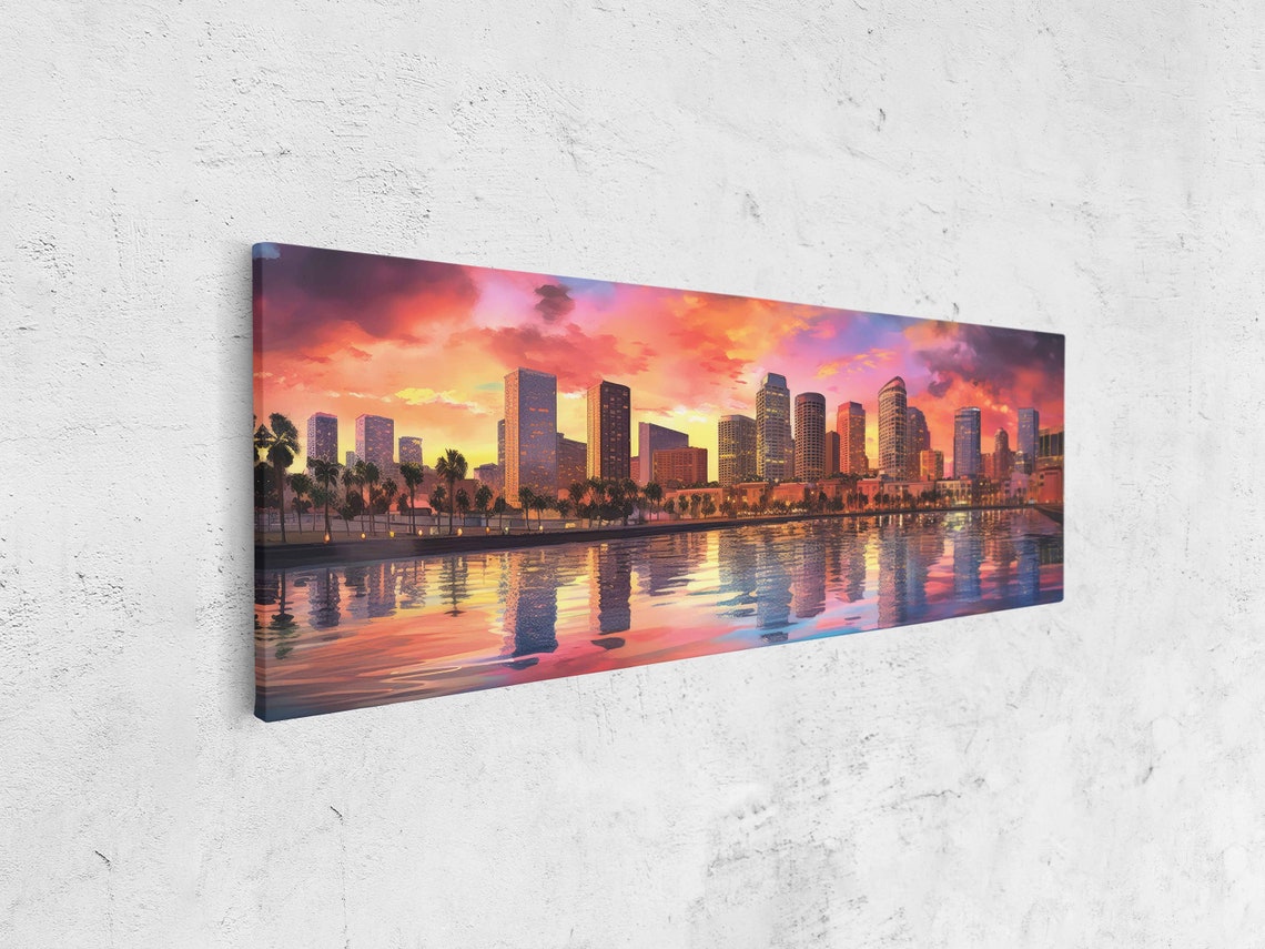 Vibrant City Skyline Sunset Waterfront Panoramic Palm Trees Poster - Image 4