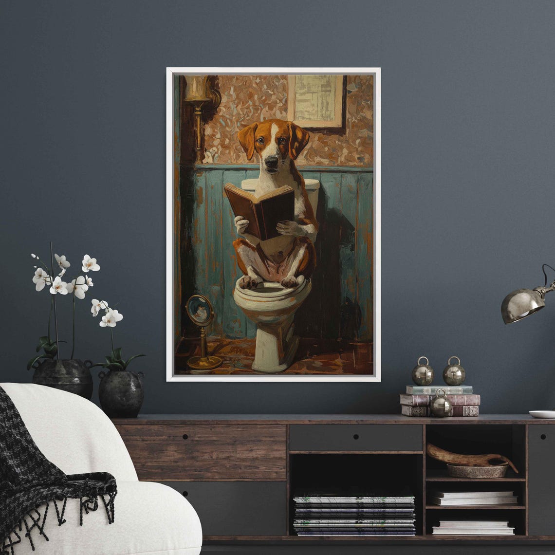 Funny Beagle Dog Reading Book On Toilet Vintage Bathroom Art Print