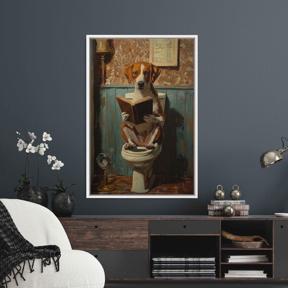 Funny Beagle Dog Reading Book On Toilet Vintage Bathroom Art Print