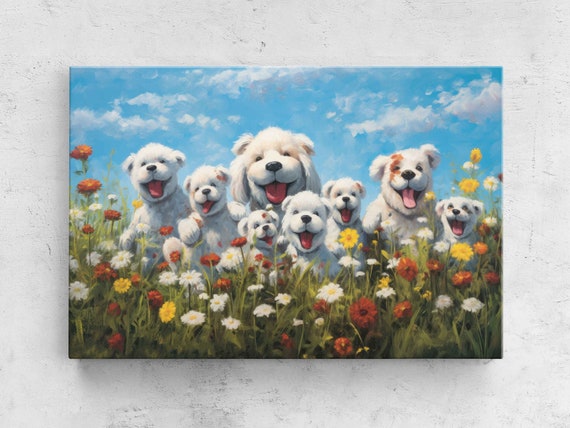 Pack Of Cute Happy Dogs In A Field Of Wildflowers Painting Framed Print Ready To Hang Happy And Uplifting Art