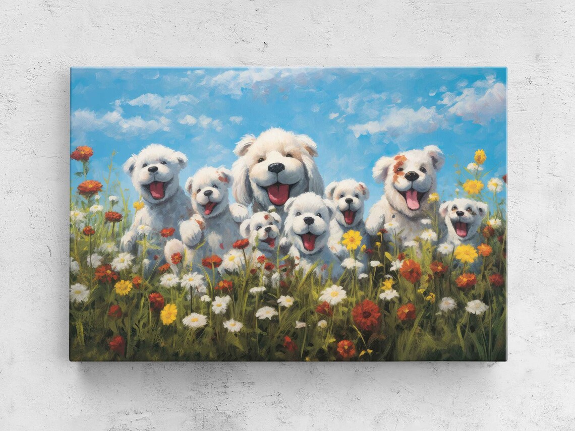 Pack Of Cute Happy Dogs In A Field Of Wildflowers Painting Framed Print Ready To Hang Happy And Uplifting Art
