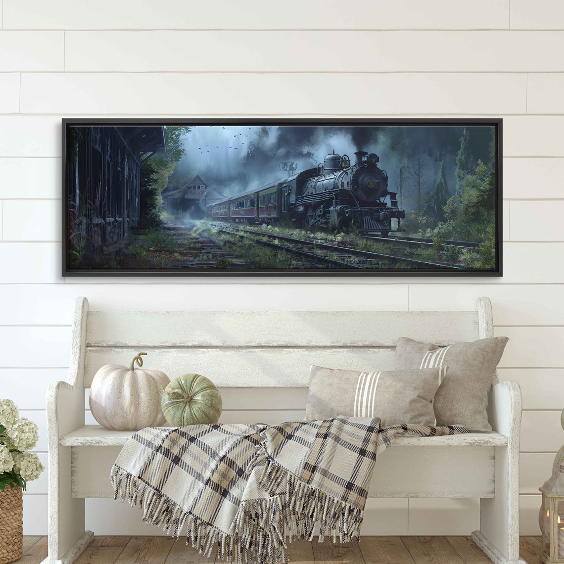 Spooky Old Train Station Steam Engine Arrival Misty Night Wall Art - Image 3