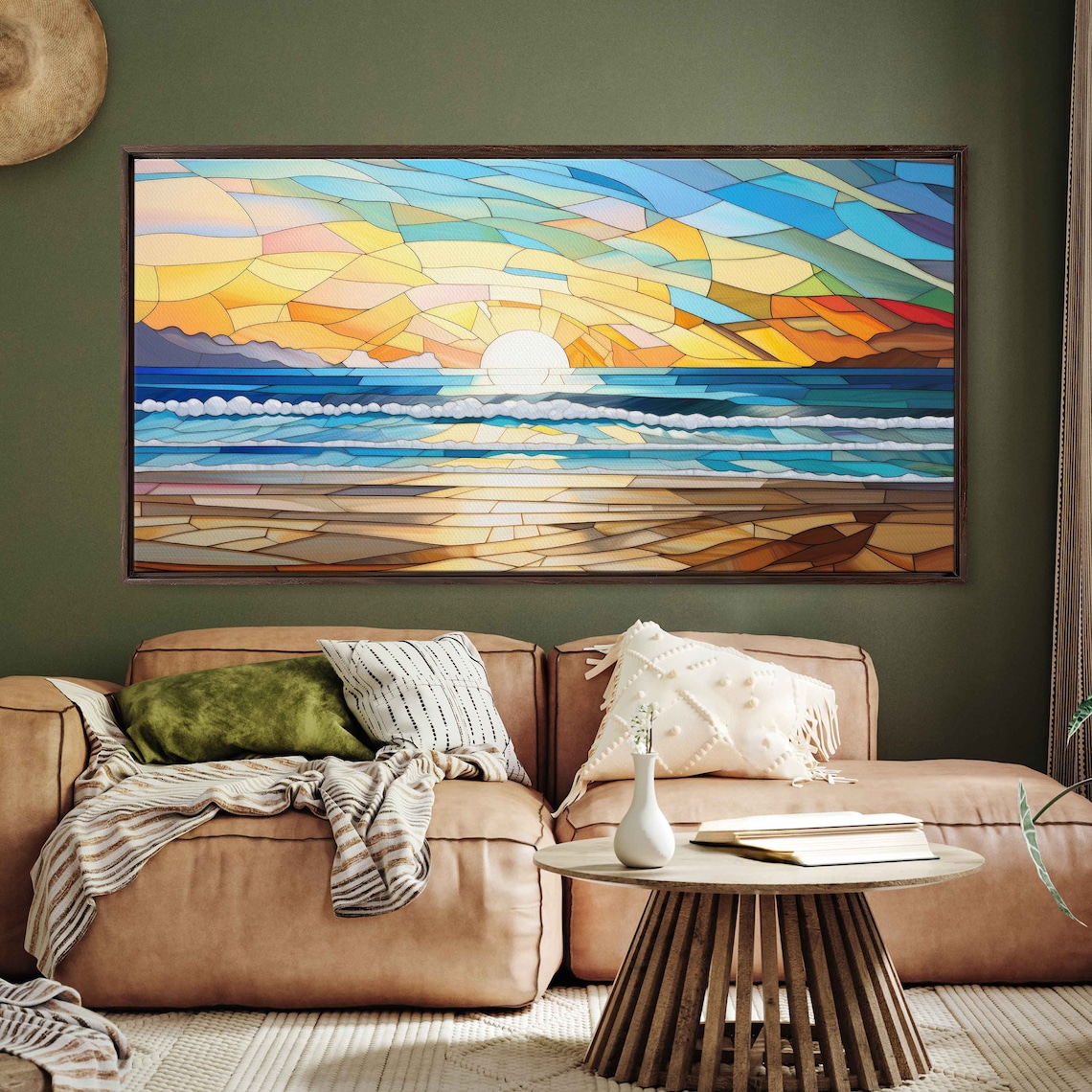 Mosaic Ocean Sunrise Stained Glass Waves Sandy Beach Art Poster