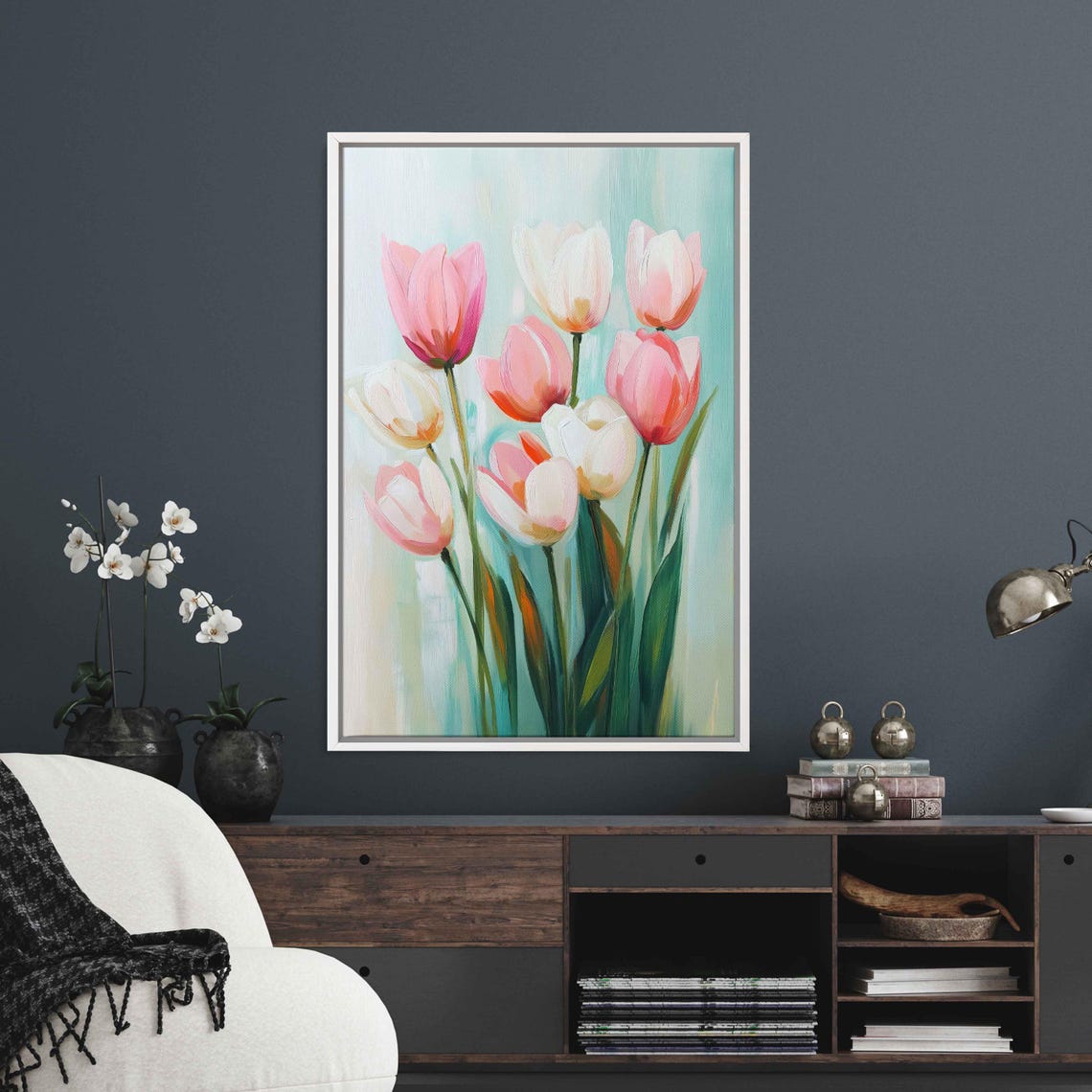 Pink Tulip Blossoms Pastel Abstract Teal Floral Botanical Print