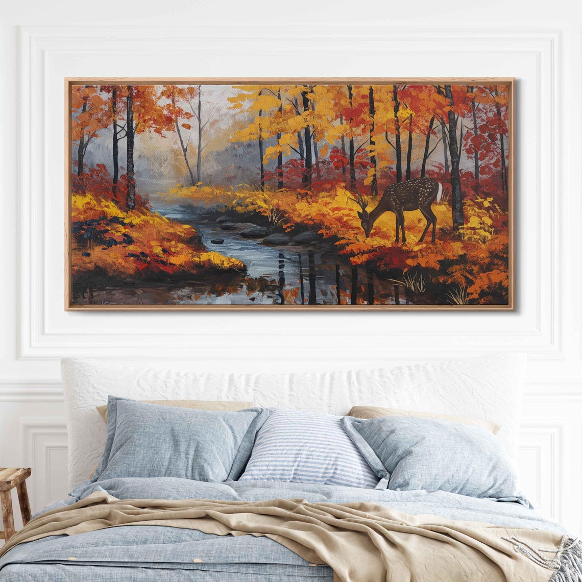 Deer Drinking From Forest Stream Autumn Woods Painting Wall Art