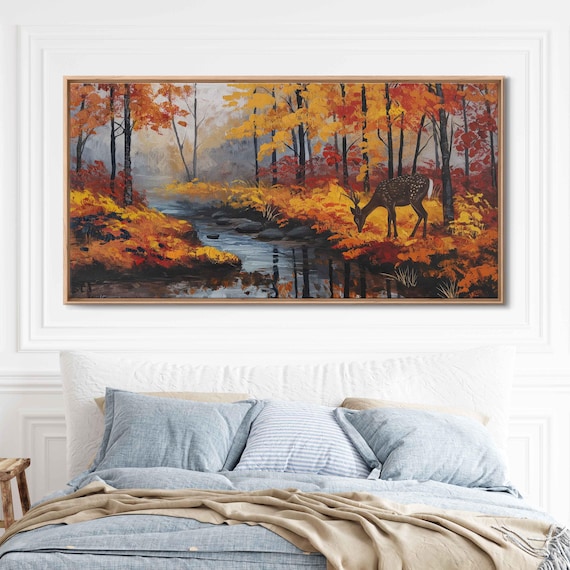 Deer Drinking From Forest Stream Autumn Woods Painting Wall Art