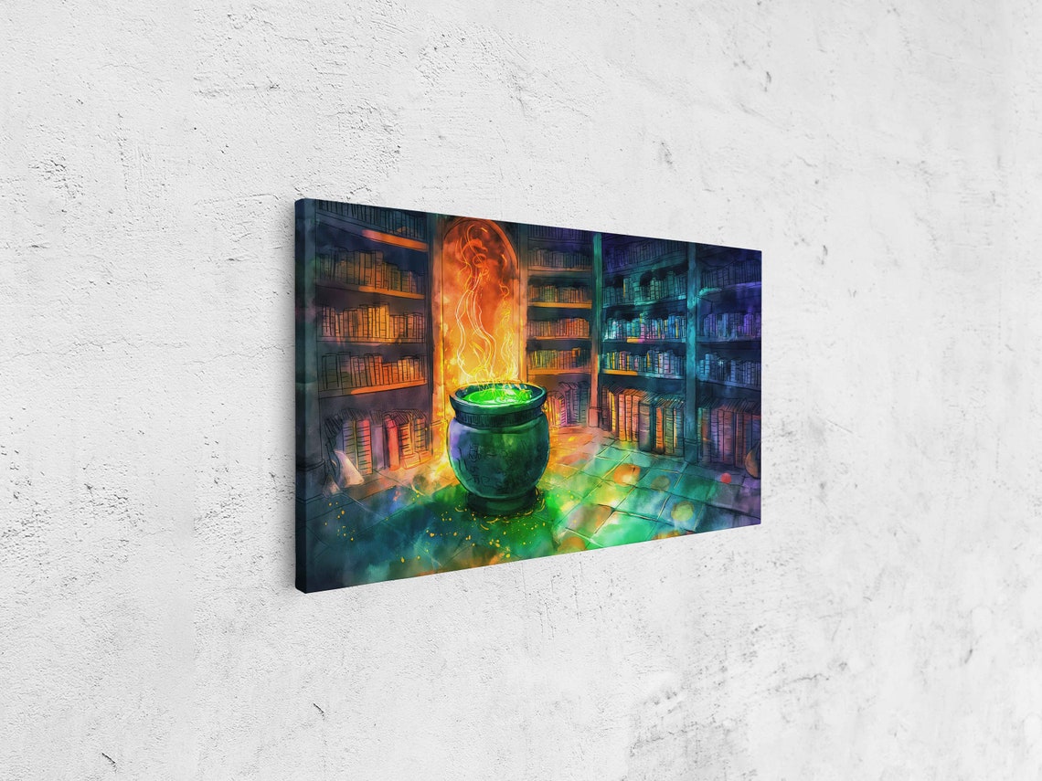 Witches Cauldron Brewing Green Potion Magical Library Watercolor Art - Image 4