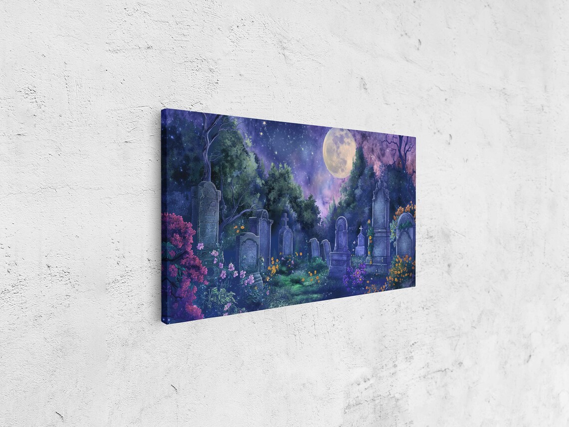 Moonlit Graveyard Watercolor Tombstones Full Moon Night Gothic Wall Art - Image 4