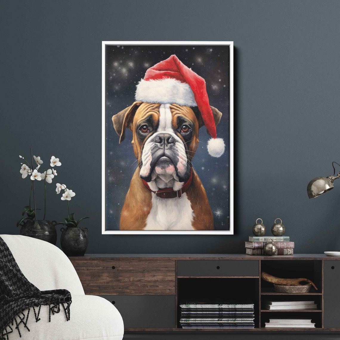 Smiling Happy Boxer Dog Wearing Santa Hat Christmas Portrait Poster - Image 4