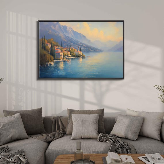 Lake Como Wall Art Print Charming Villas Hazy Sunset Blue Waters Serene Landscape