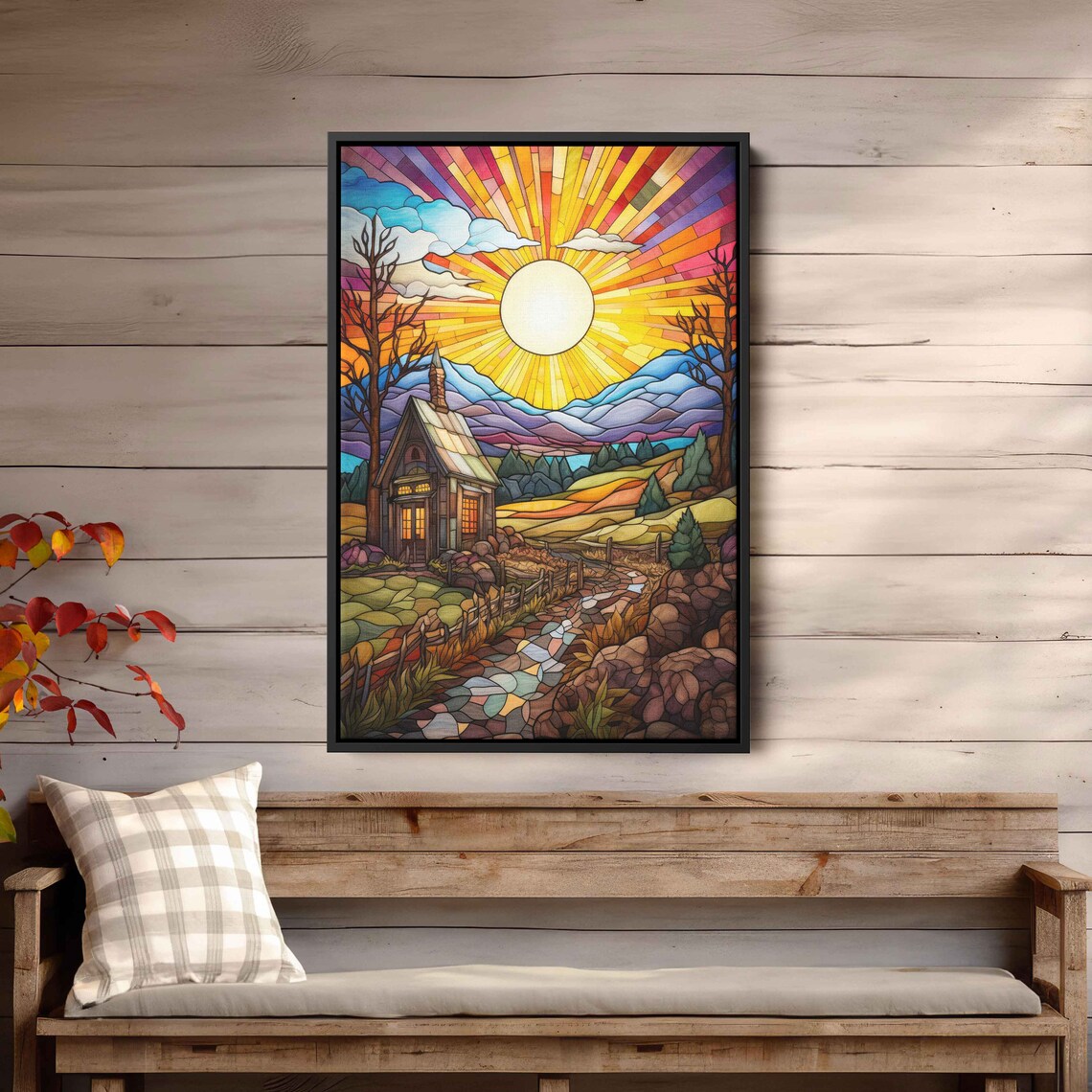 Mosaic Sunlit Farm House Wall Art Print Beautiful Vibrant Colors Mountain Range Ready To Hang - Image 3