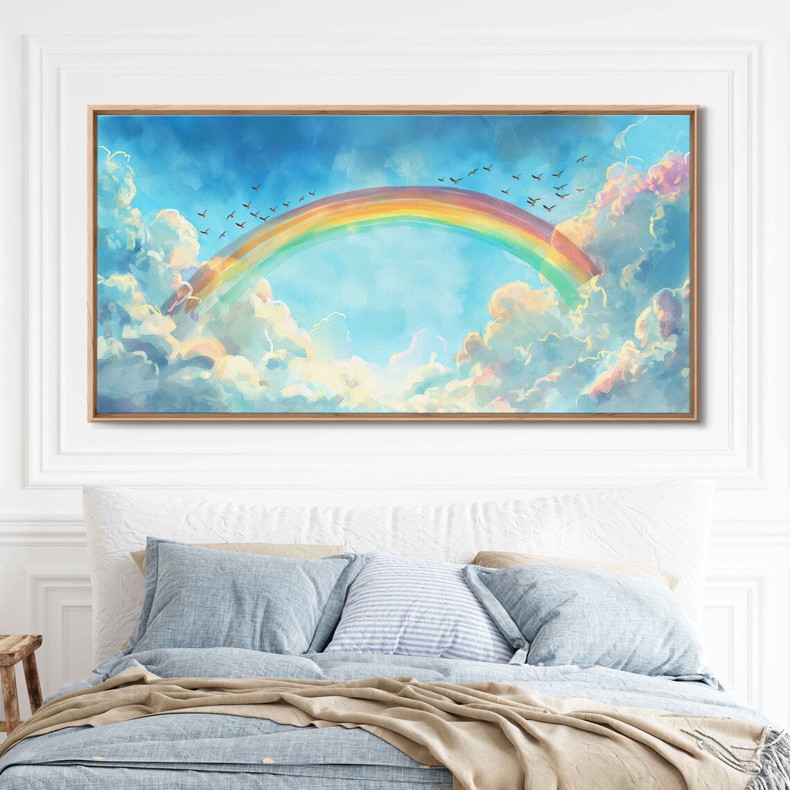 Pastel Rainbow Over Clouds and Birds, Nursery Art Print