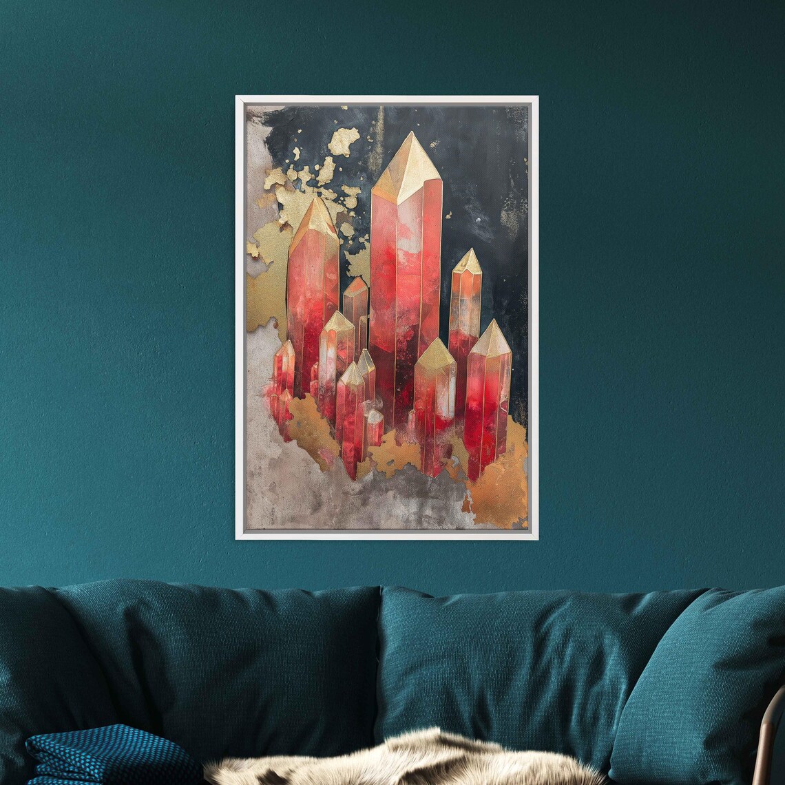Crystal Cave Magic Wall Art Print Whimsical Collage Tizian Red And Gold Leaf Accents