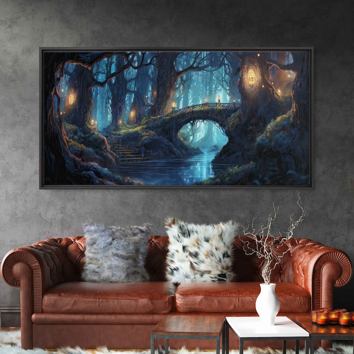 Enchanted Moonlit Forest Bridge Fantasy Art Print - Image 3