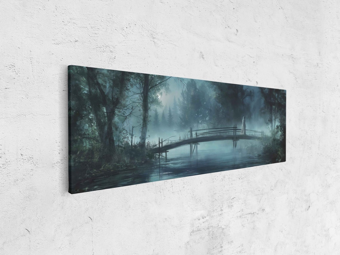 Ghost On Wooden Bridge Over Foggy River Moonlit Night Panoramic Print - Image 4