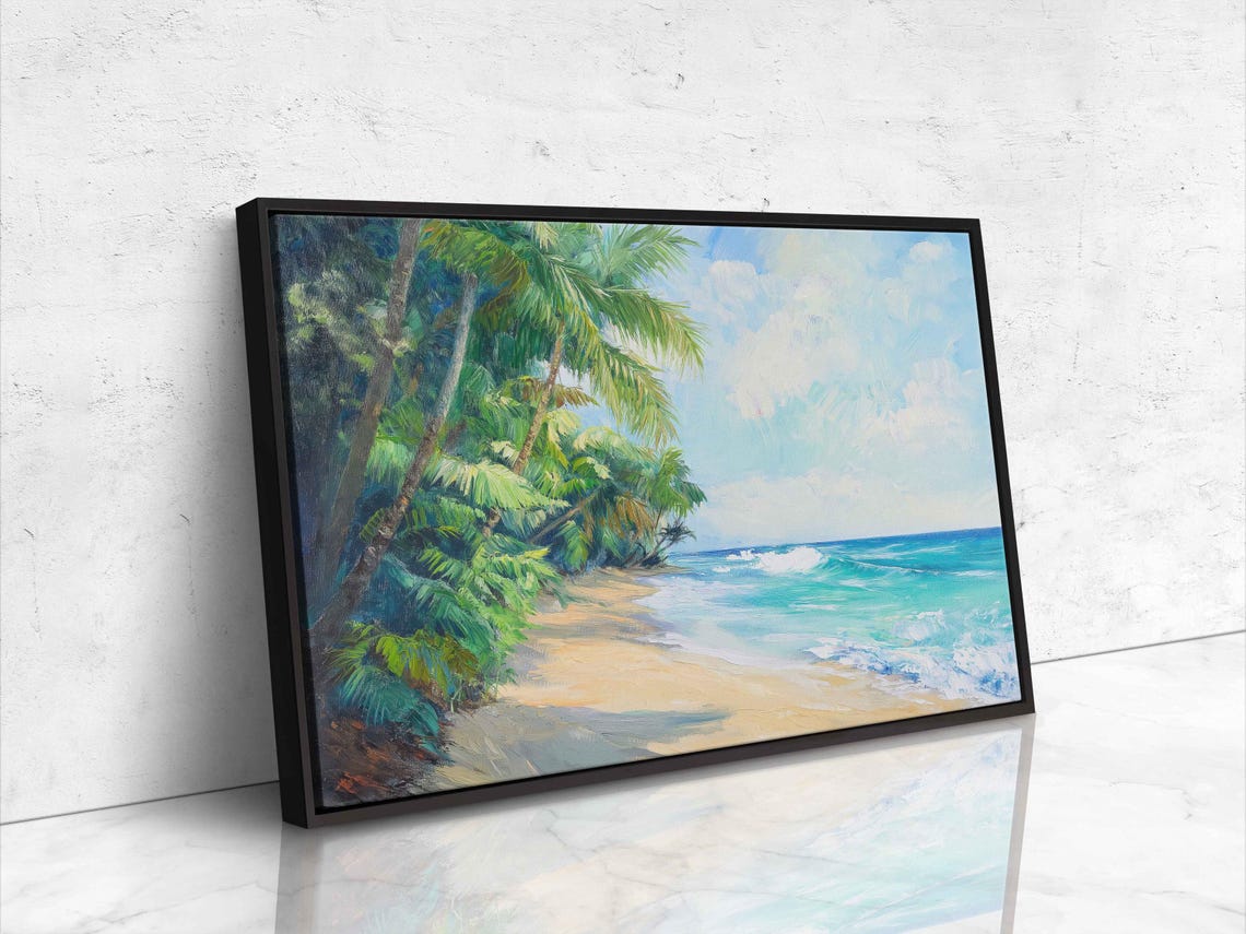 Palm Trees Golden Sand Turquoise Waves Tropical Beach Painting Poster - Image 4