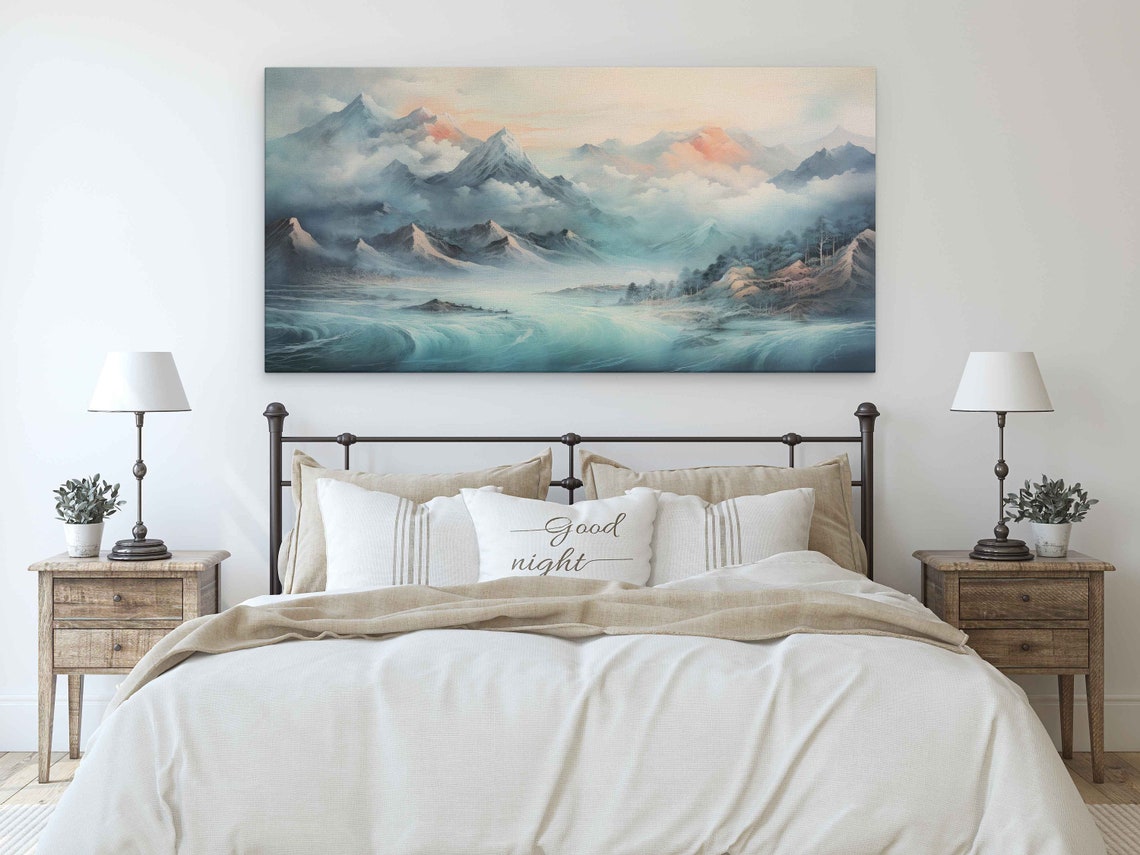 Misty Cloudy Mountains Turquoise Ocean Waves Japanese Art Wall Print - Image 3