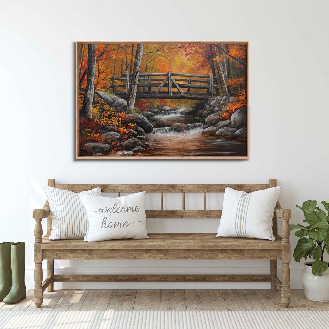 Wooden Bridge Over Boulder Stream In Golden Autumn Forest Art Poster