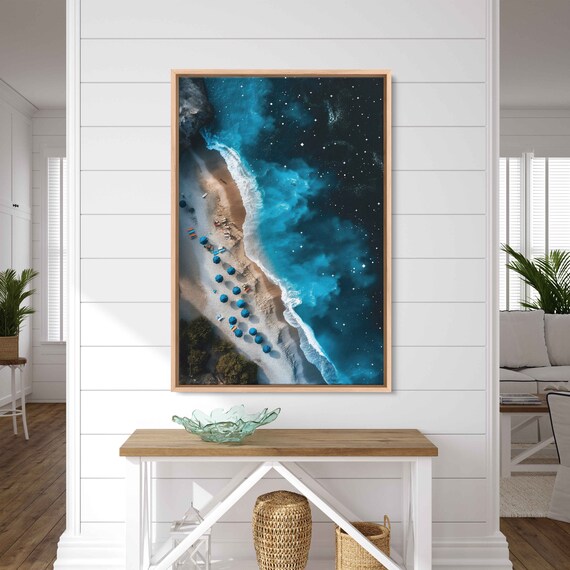Night Beach Aerial View Turquoise Waves Umbrellas Stars Poster
