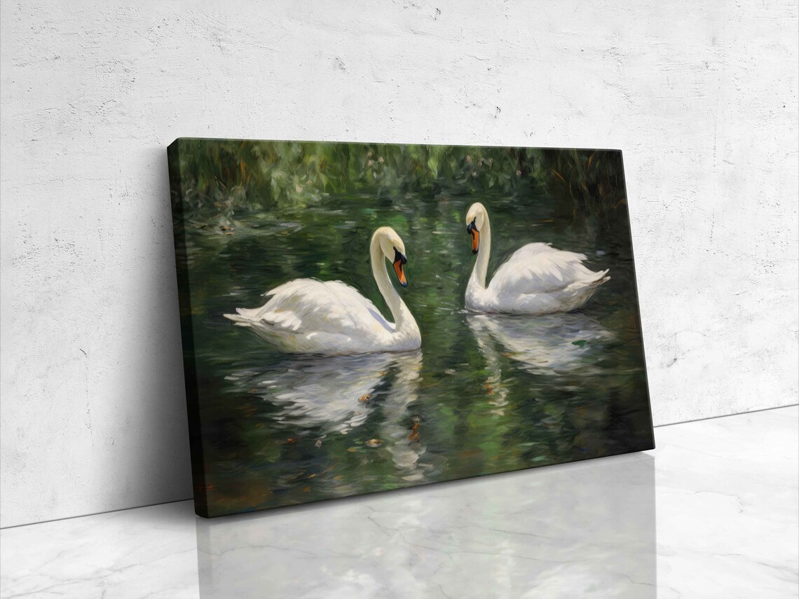 Oil Painting of Two Swans Swimming in a Pond Art Print - Image 4