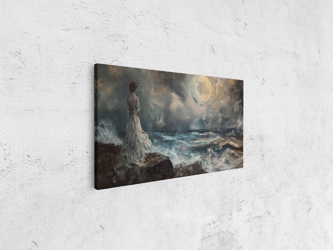 Ghostly Woman In Vintage Dress On Cliff Moonlit Ocean Halloween Art - Image 4