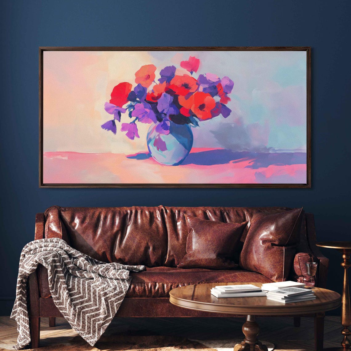 Red Violet Flowers In Blue Vase Impressionist Floral Art Poster - Image 3