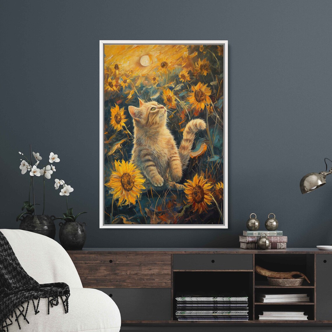 Ginger Kitten Among Sunflowers Impressionist Oil Painting Cat Lover Art Poster - Image 3