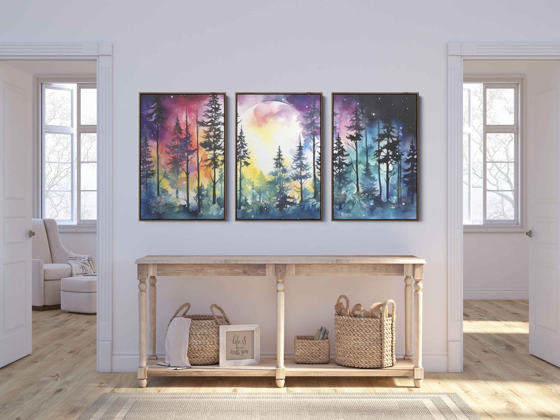 Moonlit Forest Triptych Watercolor Full Moon Pines Night Wall Art - Image 2