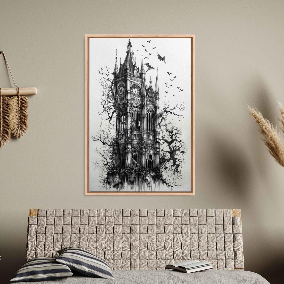 Gothic Clocktower Rising From Tangled Branches Bats Ink Halloween Poster - Image 3
