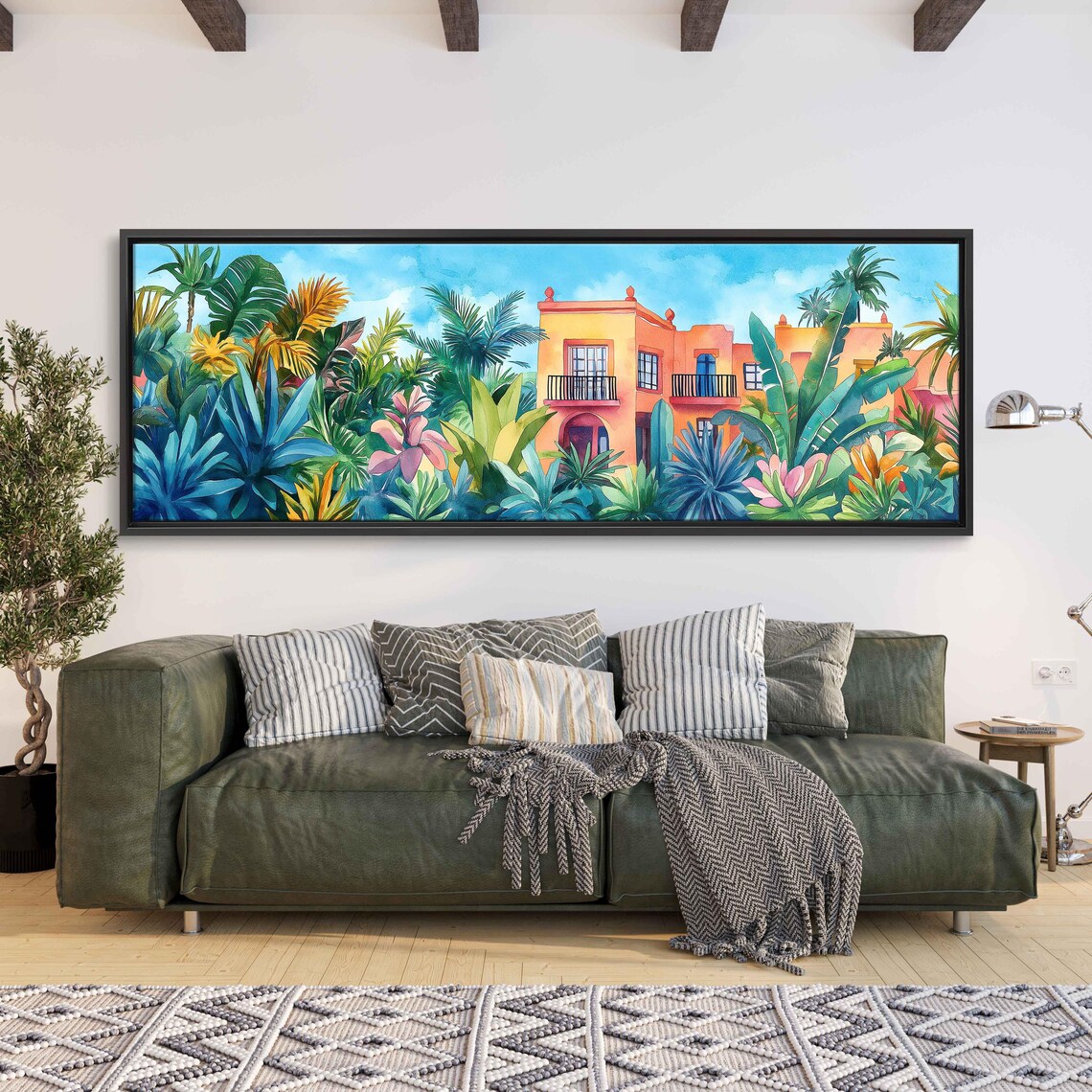Tropical Villa Watercolor Lush Palm Leaves Orange Courtyard Art Print