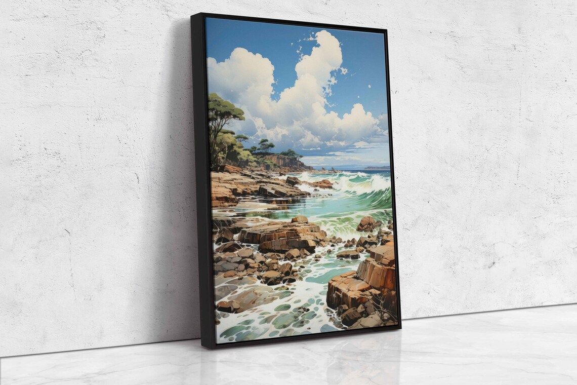Rocky Ocean Cove Turquoise Waves Sunny Coastal Cliffs Watercolor Poster - Image 4