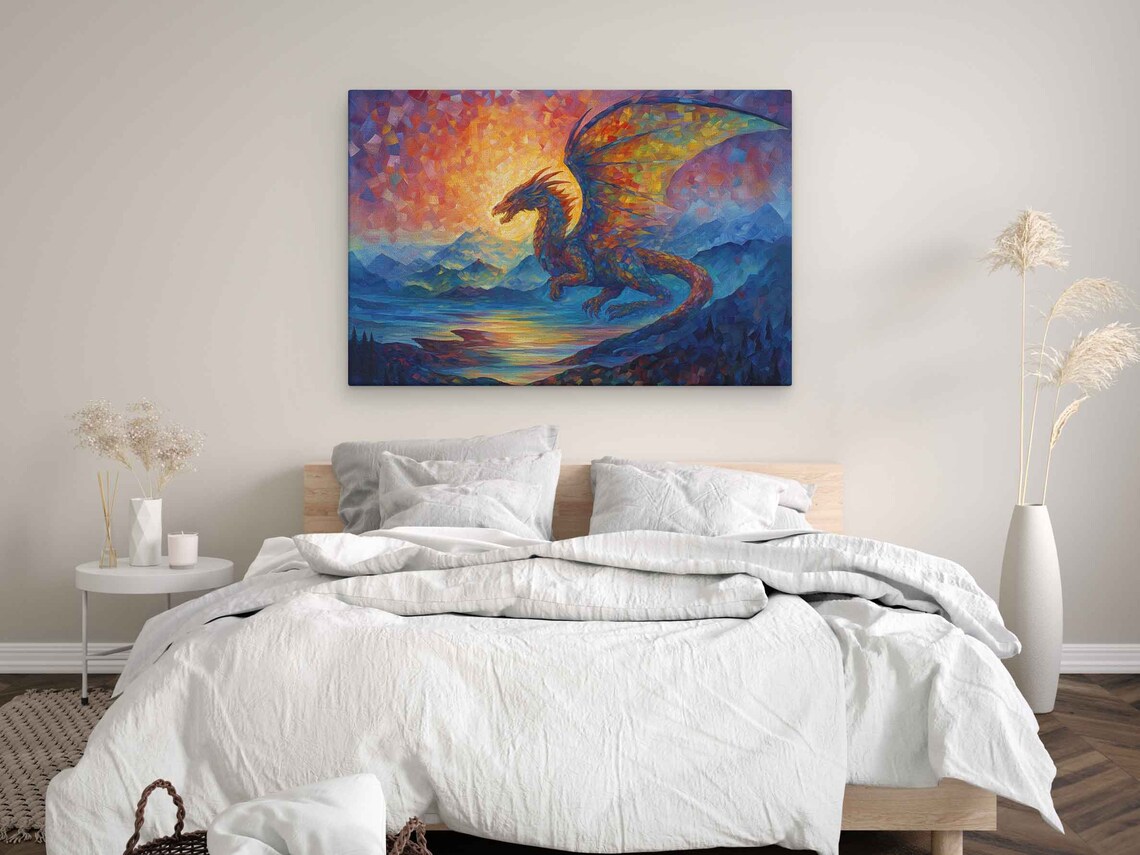 Colorful Mosaic Dragon Flying Over Mountain Lake At Sunset Fantasy Art Poster - Image 3