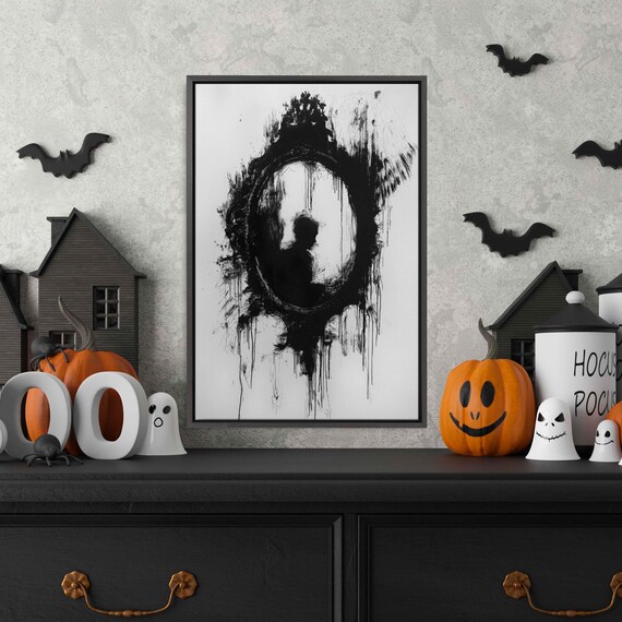 Haunted Oval Mirror Reflecting Eerie Figure Dripping Black Ink Gothic Art Poster