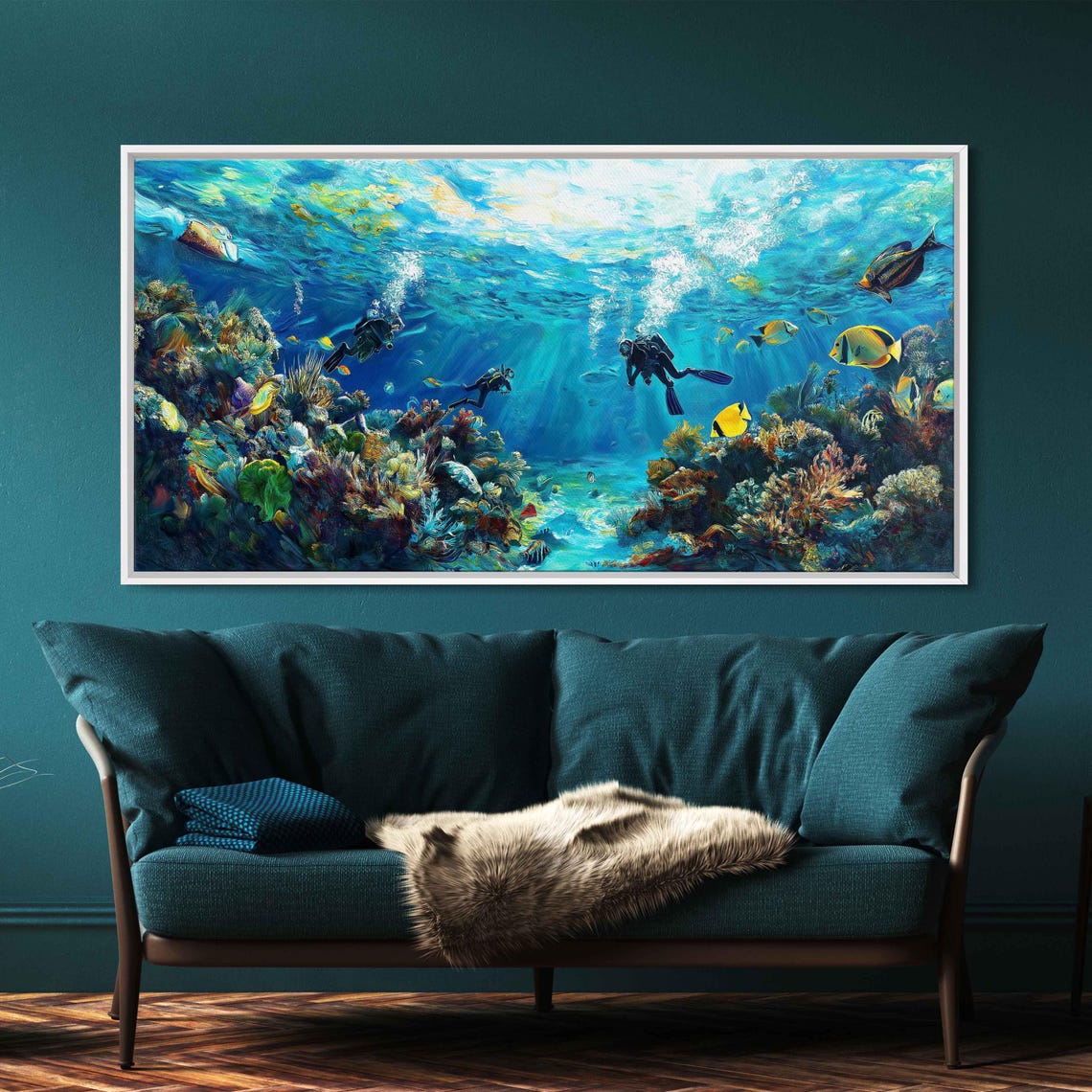 Scuba Divers Coral Reef Underwater Tropical Fish Vibrant Ocean Poster - Image 3