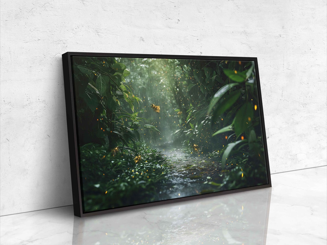 Misty Rainforest Path In Gentle Rain With Glowing Fireflies Poster - Image 4