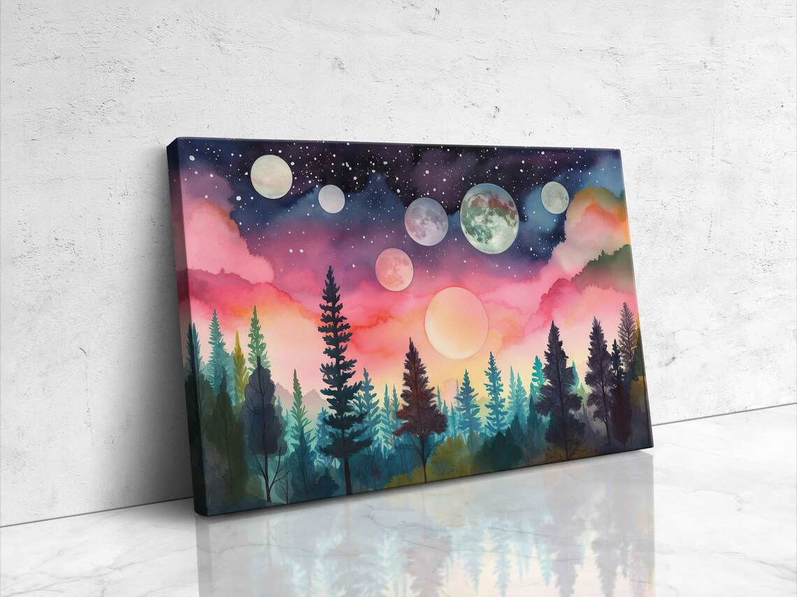 Celestial Watercolor Moons And Planets Over Pink Pine Forest Night Print - Image 4