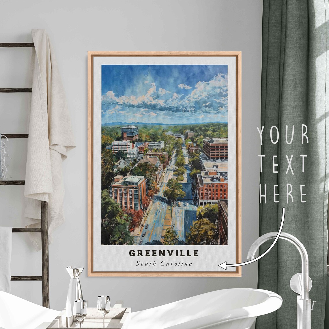 Greenville South Carolina Aerial Downtown Watercolor Main Street Print