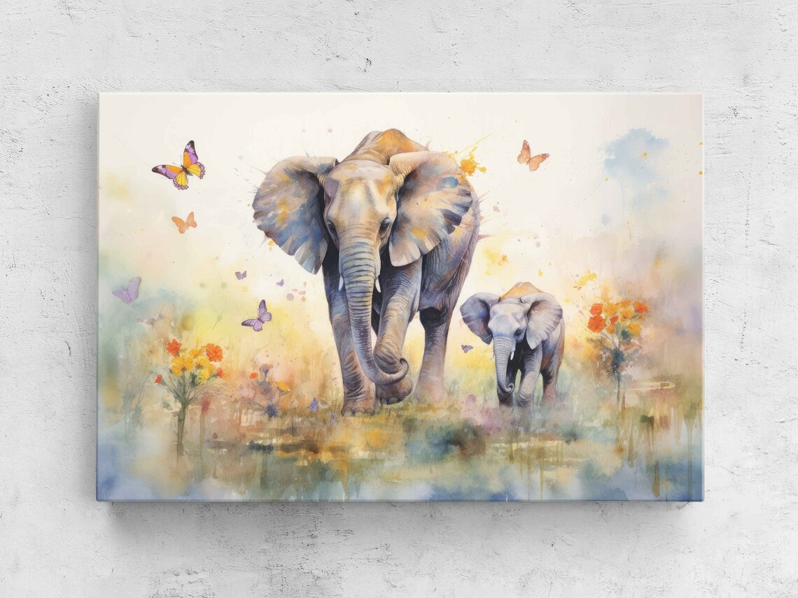 Watercolor Mother and Baby Elephant Art Print, Nursery Decor