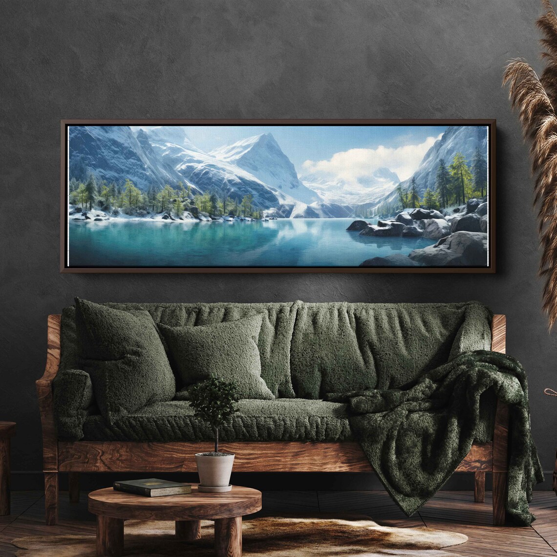 Serene Lakeside Vista Panoramic Wall Art Lake And Snowy Mountains Framed Print Ready To Hang