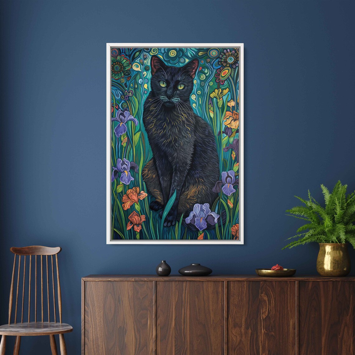 Black Cat Sitting Among Iris Blooms Swirling Night Garden Painting Poster - Image 3